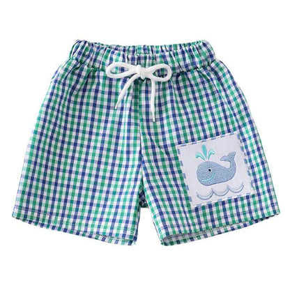 Plaid Embroidered Whale Swim Trunks